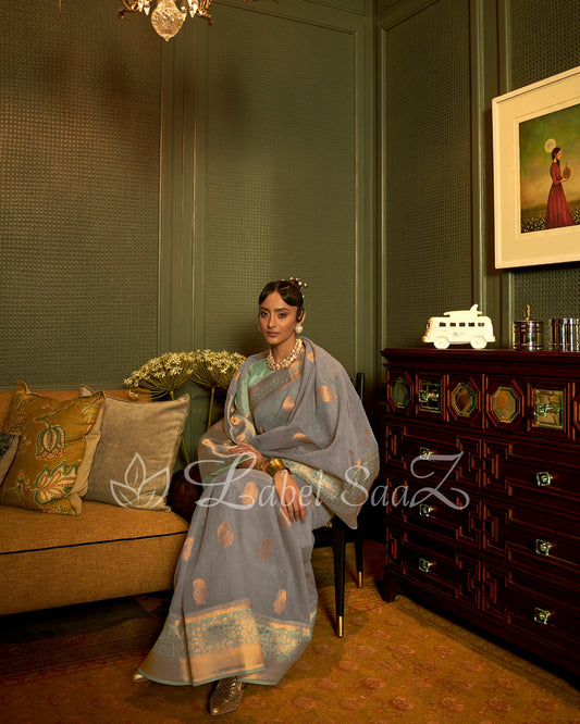 Greyish Blue Green Linen Handloom with Copper Zari Weaving 