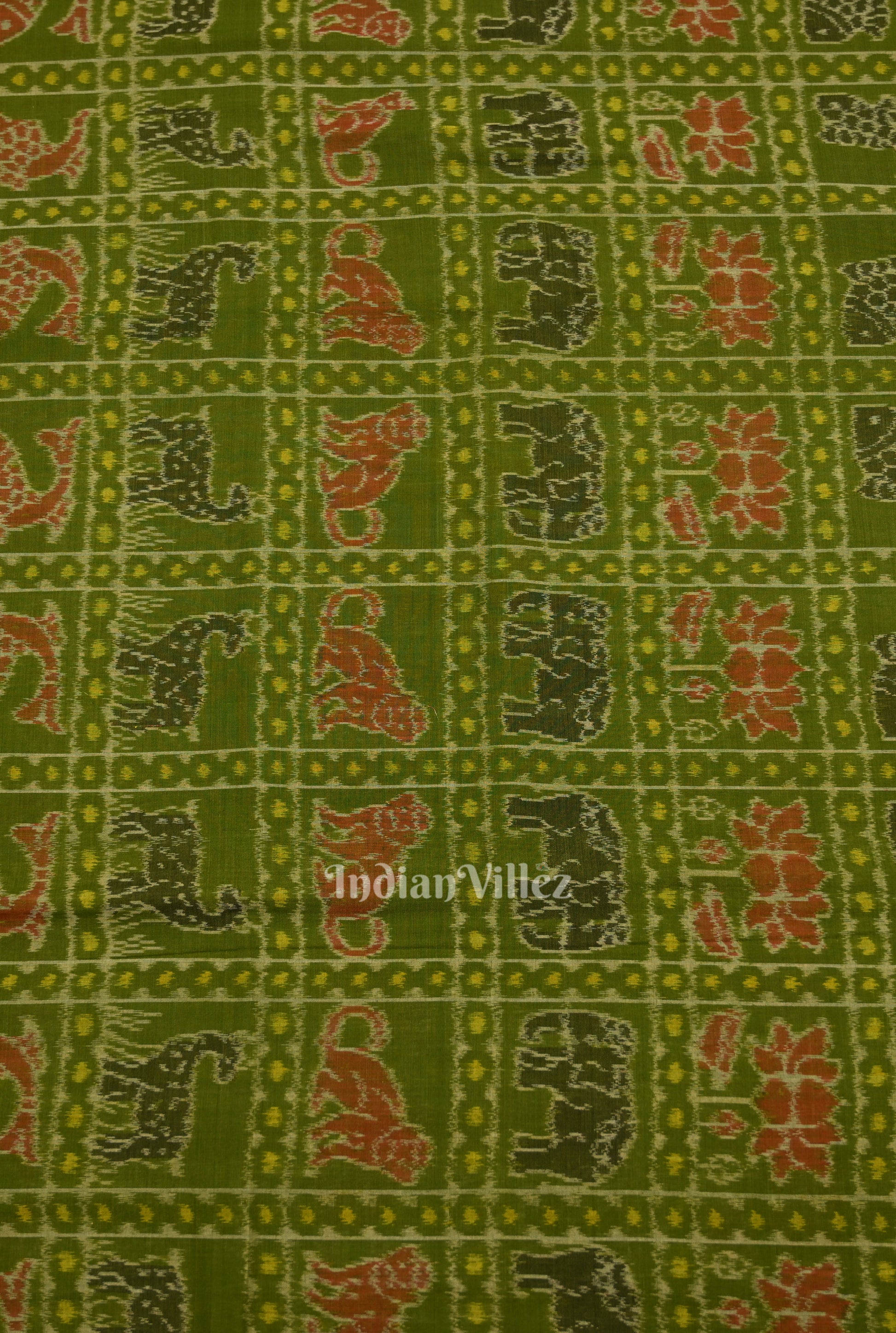 Green Animal Kothi Sambalpuri Ikat Cotton Fabric