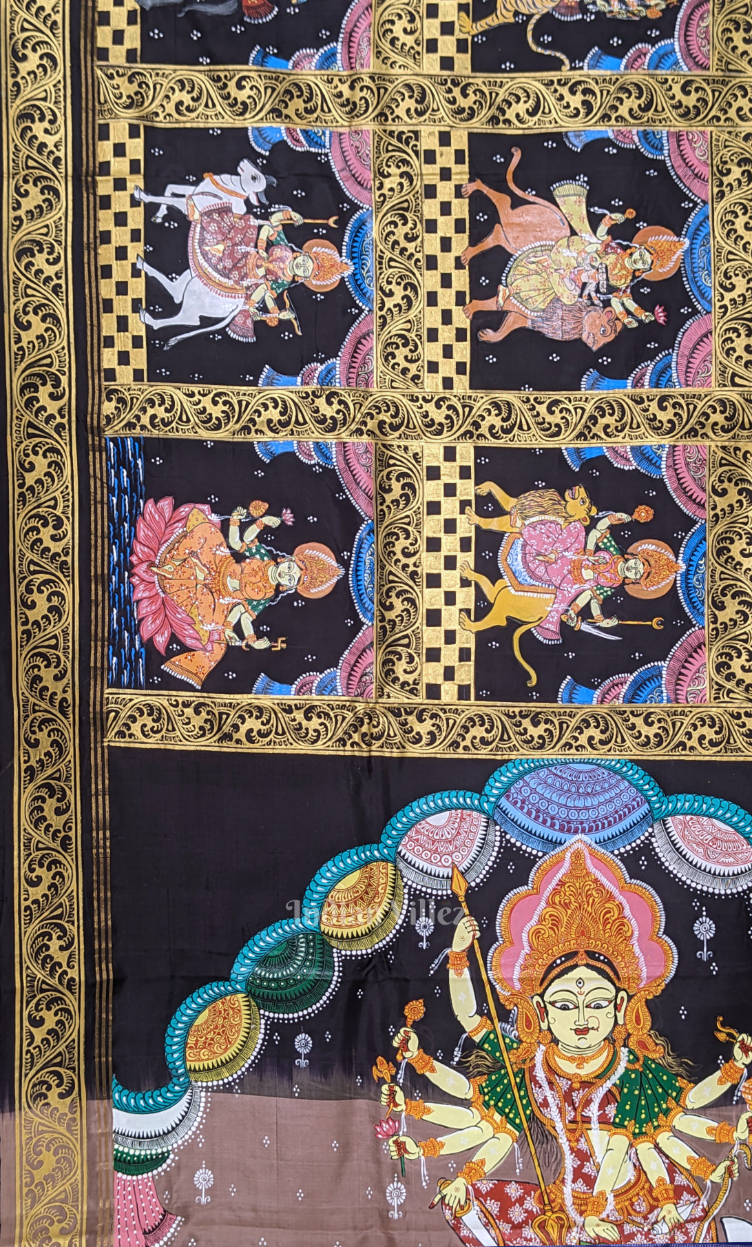 Black Navaratri Durga Puja Theme Hand-Painted Pattachitra Saree 