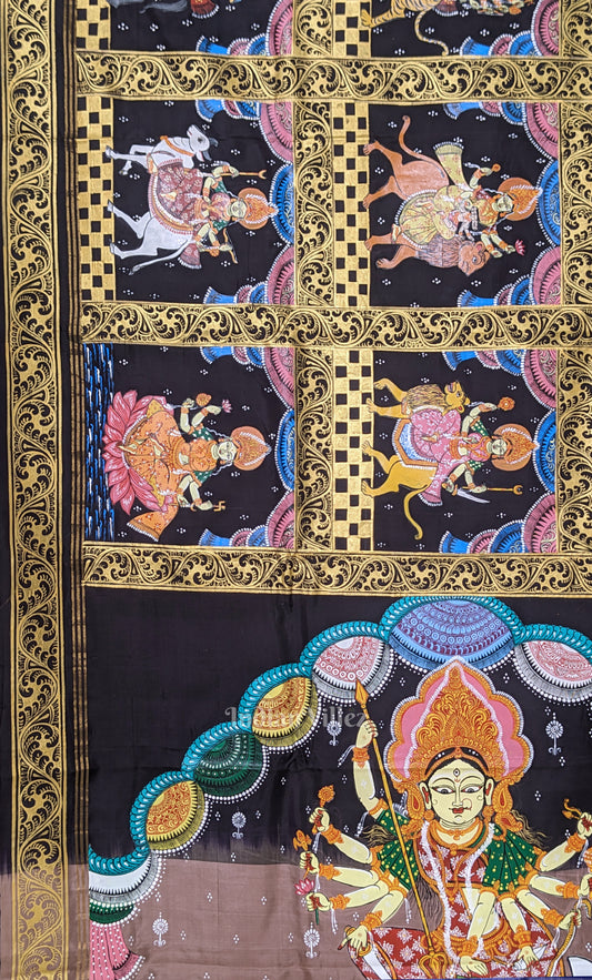 Coffee Beige Navaratri Durga Puja Theme Hand-Painted Pattachitra Saree