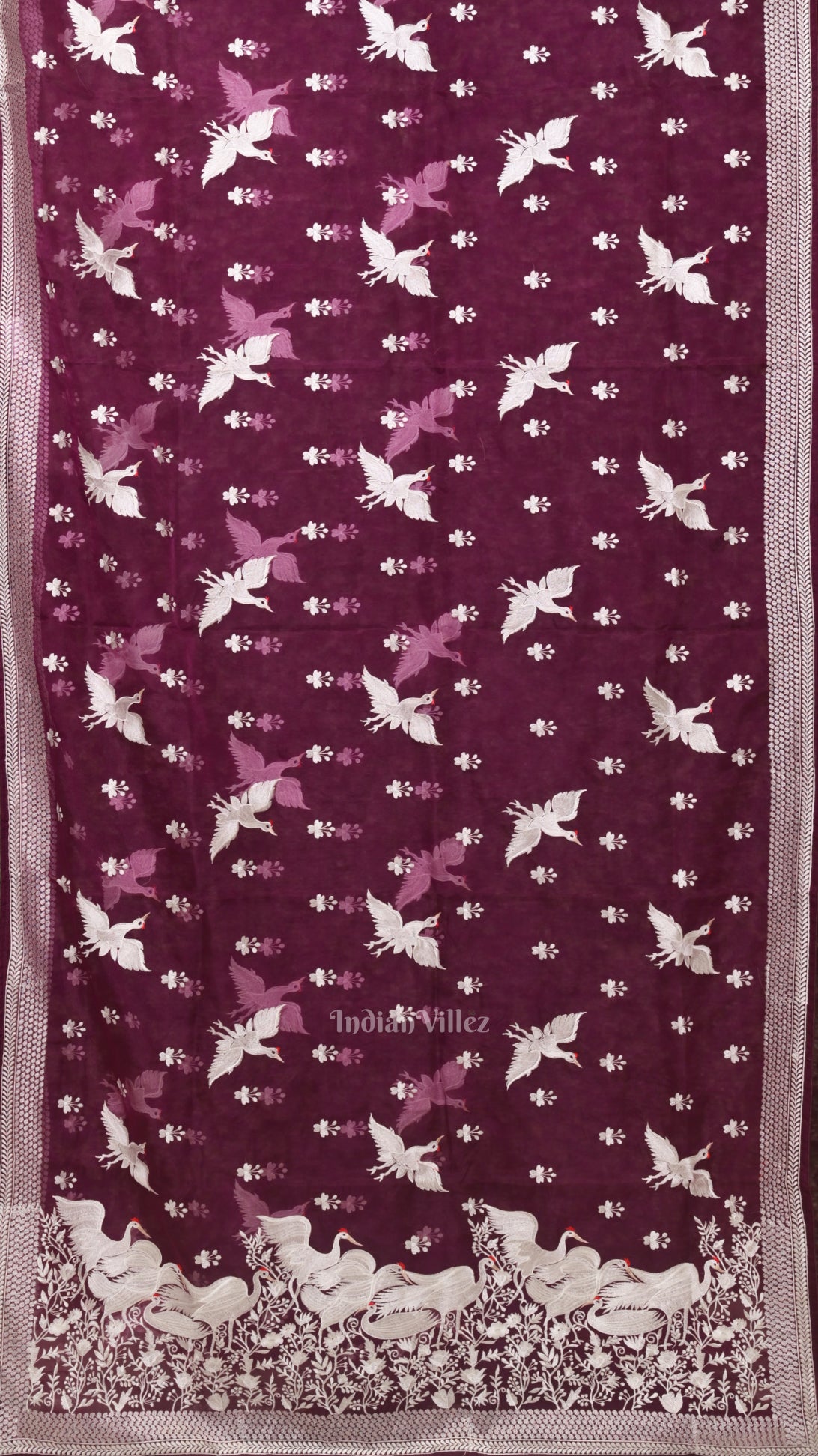Dark Wine Parsi Gara Floral Motif Hand Embroidered Saree 