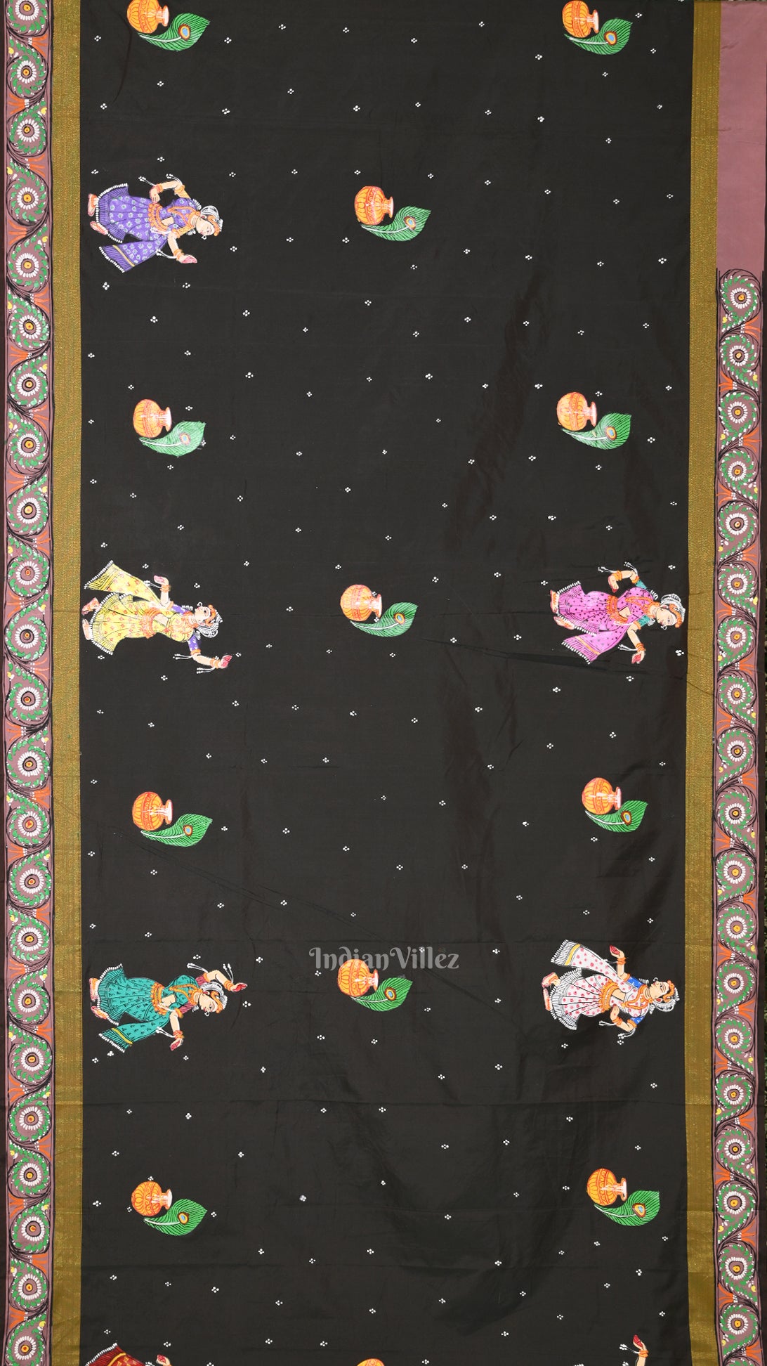 Black  Dual Tone Radha Krishna Hand-Painted Pattachitra Saree