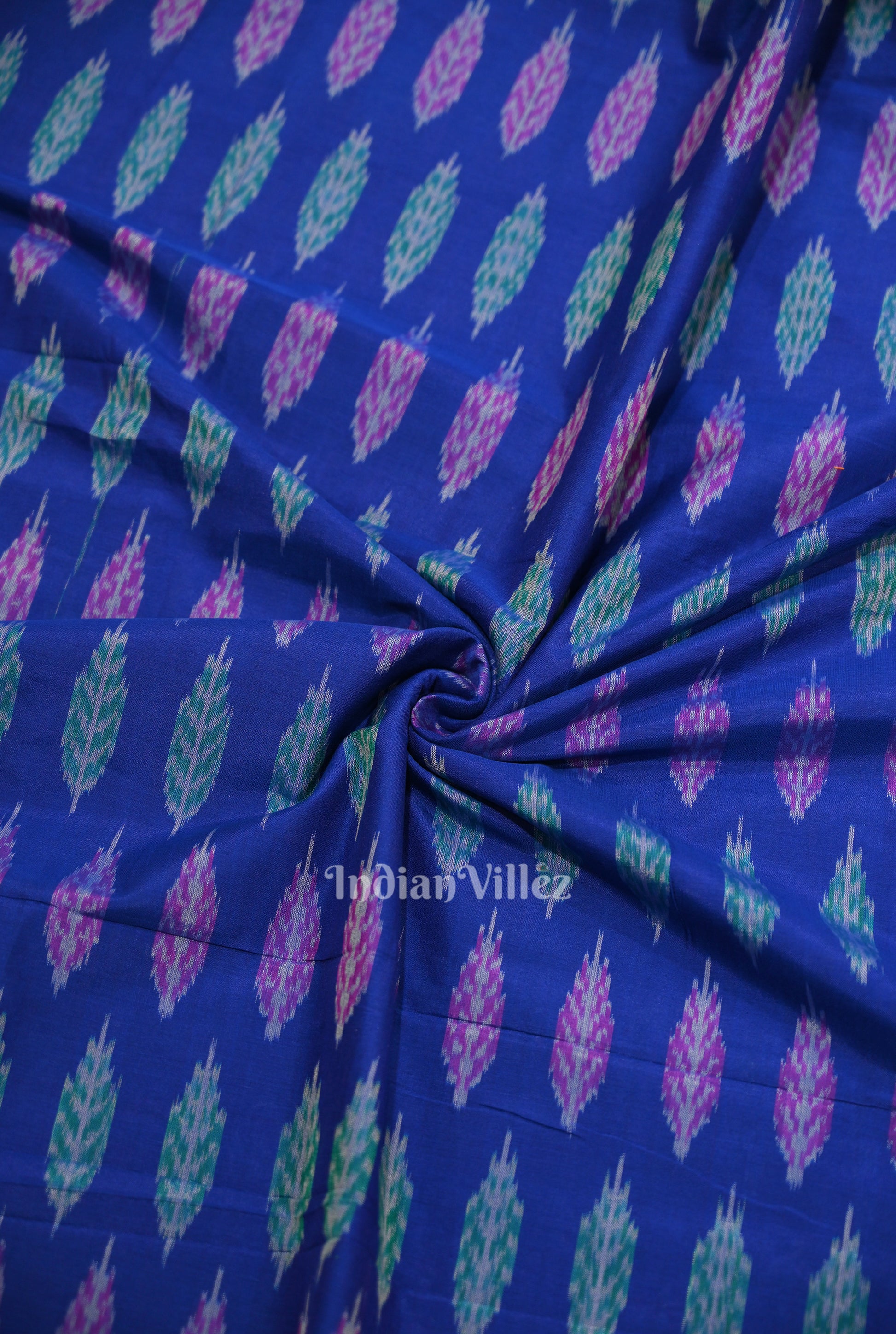 Blue Leaf Motif Pochampally Ikat Silk & Cotton (Sico) Fabric