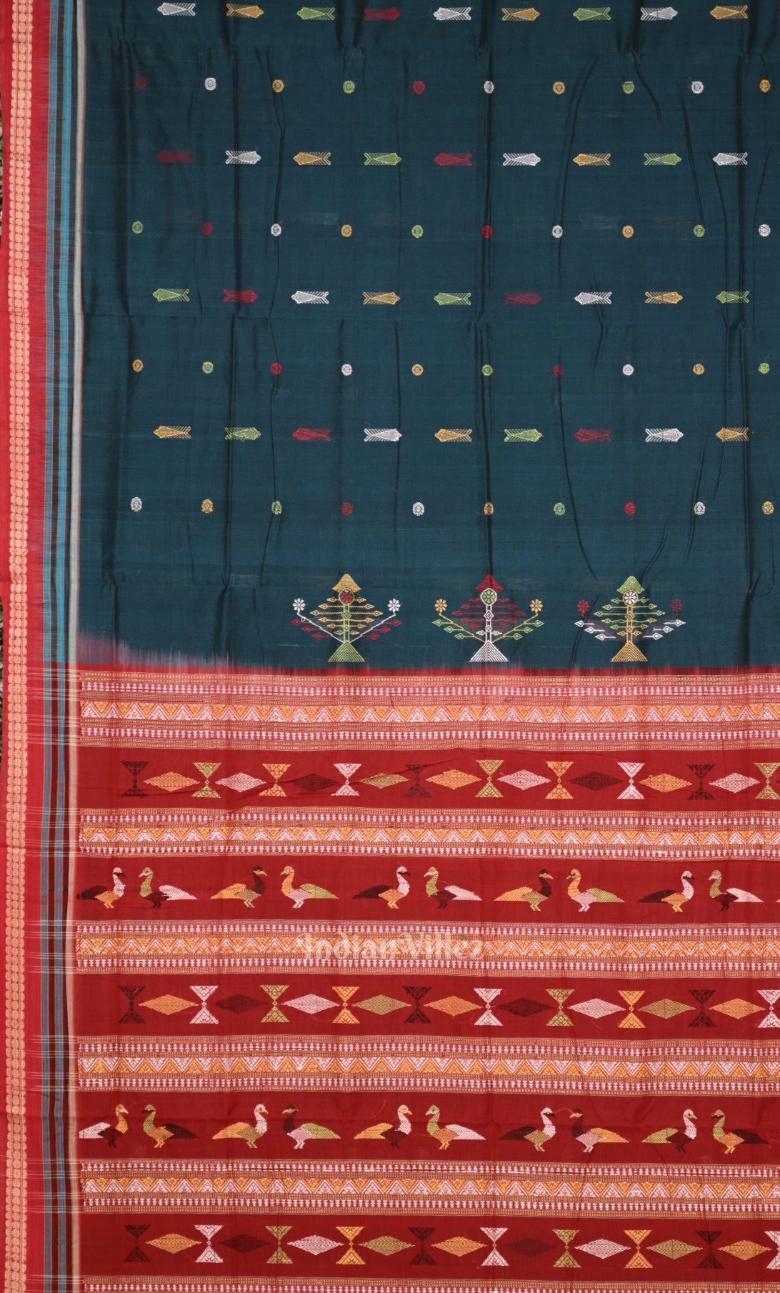 Teal Blue Fish Motif  Odisha Ikat Bomkai Cotton Saree 