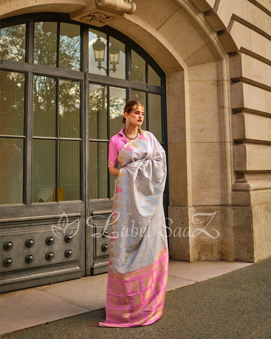 Grey Pink South Tussar Silk Saree