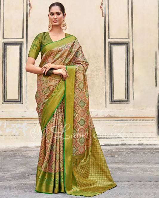 Yellow Green Multi Color Pure Brocade Tissue Kanjivaram Saree