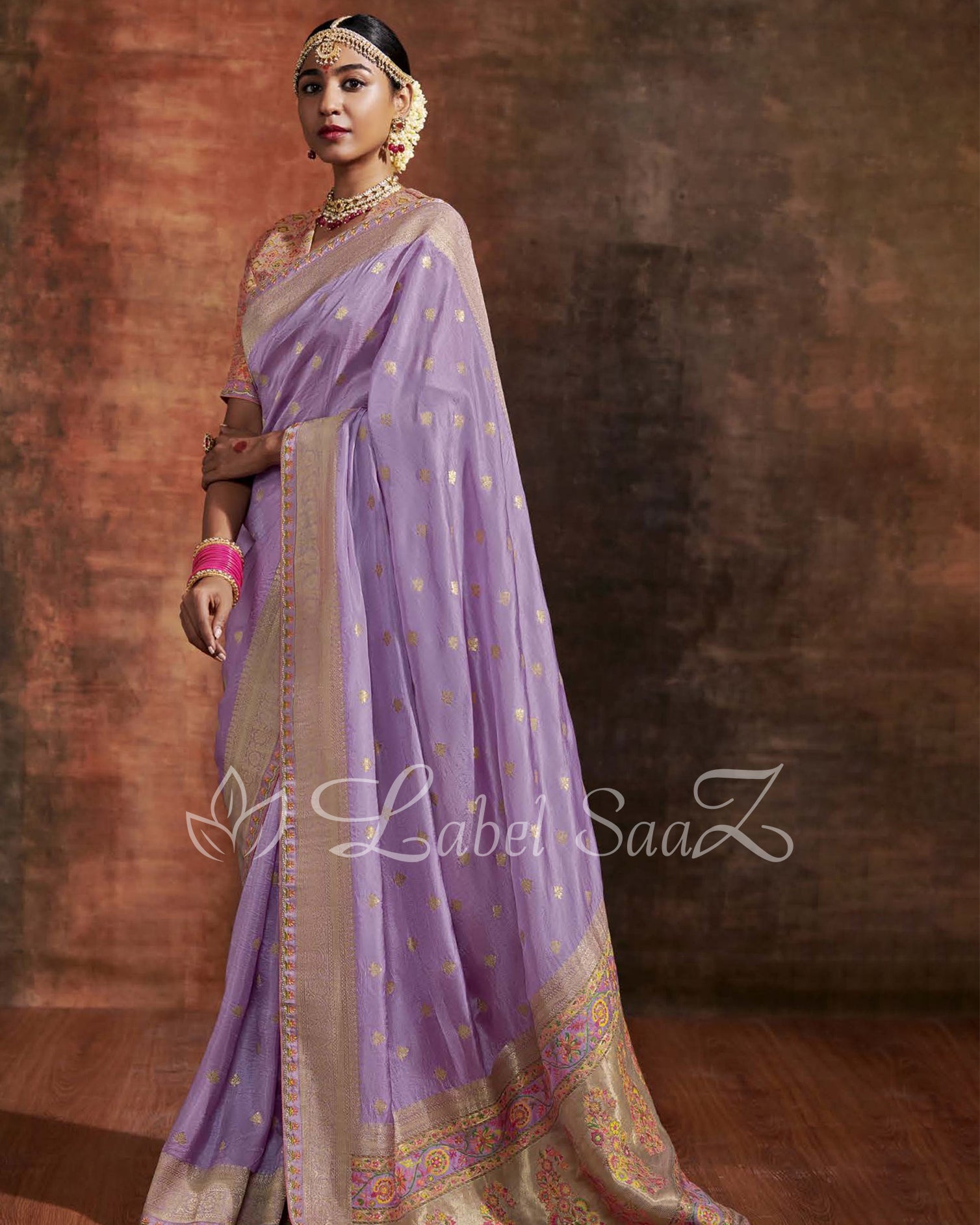 Violet Designer Meenakri Banarasi with Kashmiri Embroidery and Heavy Blouse