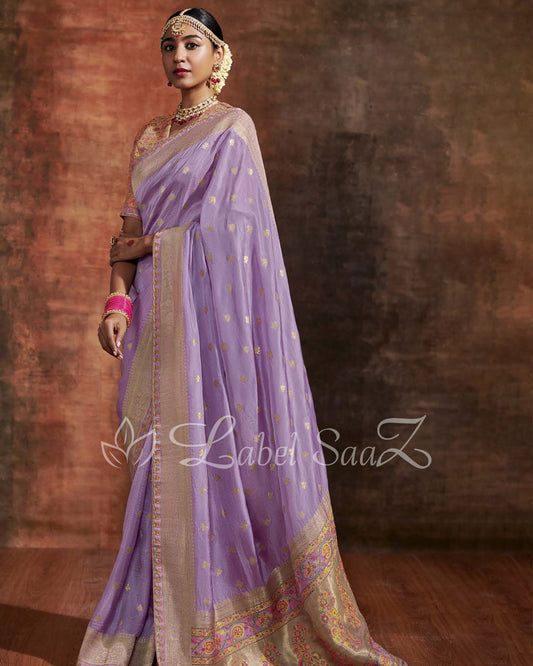 Violet Designer Meenakri Banarasi with Kashmiri Embroidery and Heavy Blouse