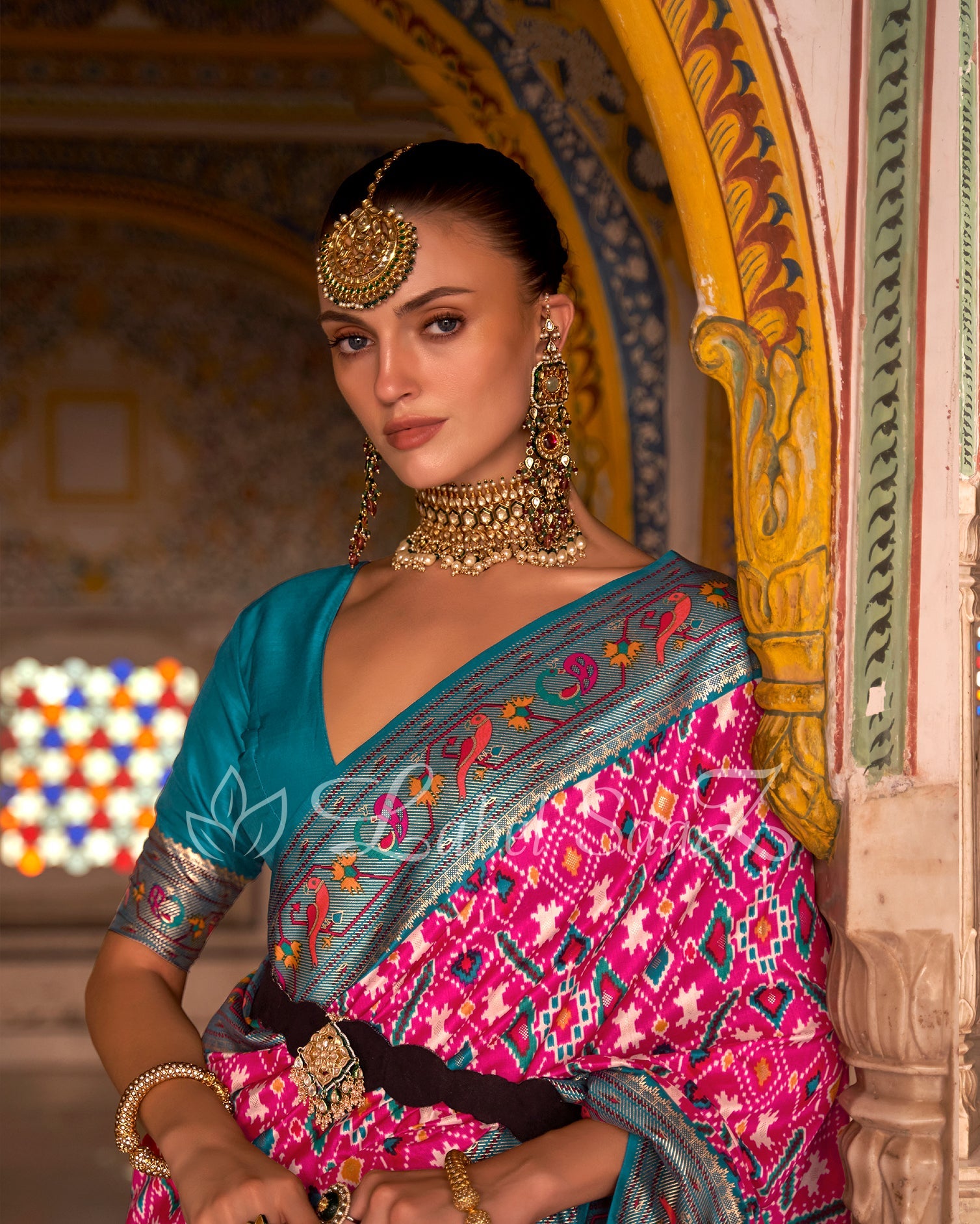 Pink Blue Patola inspired  Pochampally with Paithani Border and Pallu 