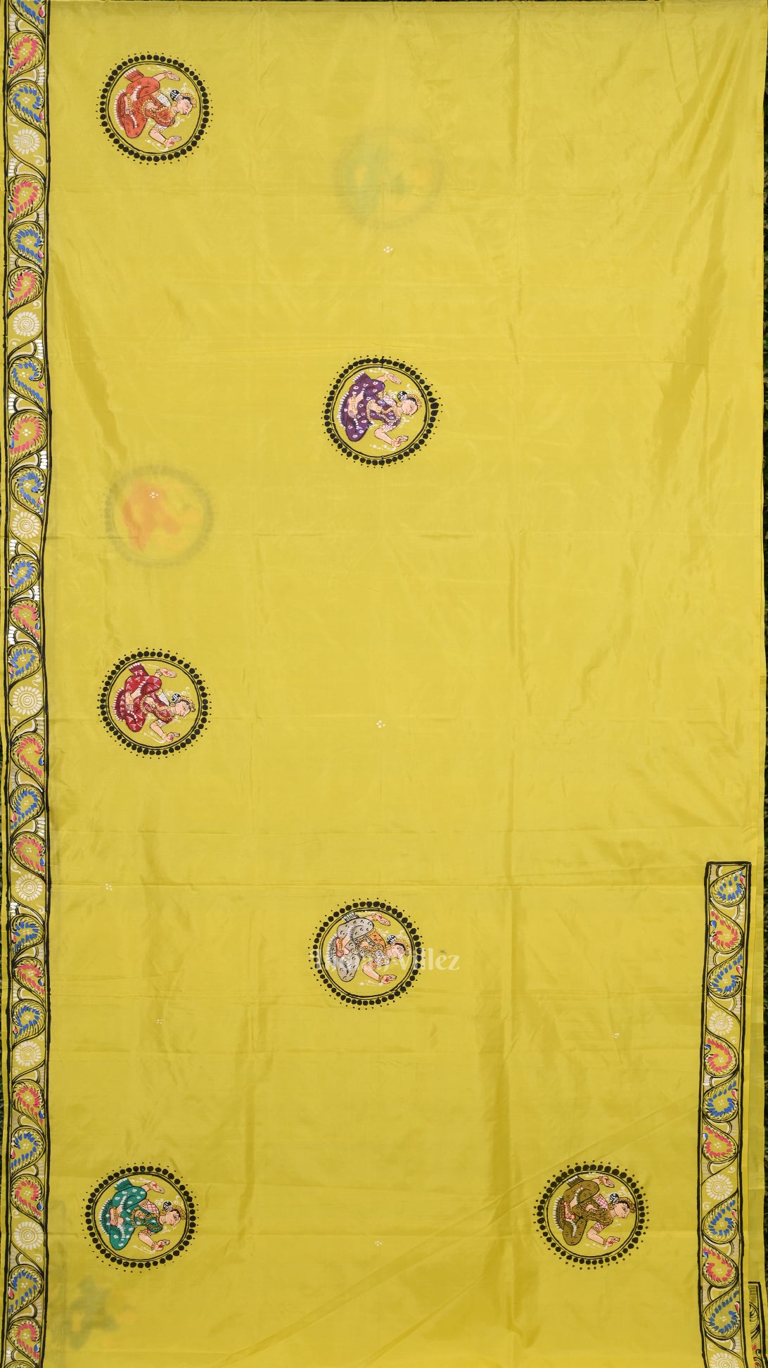 Lemon Yellow Radha Krishna Boita Theme Hand- Painted Pattachitra Saree