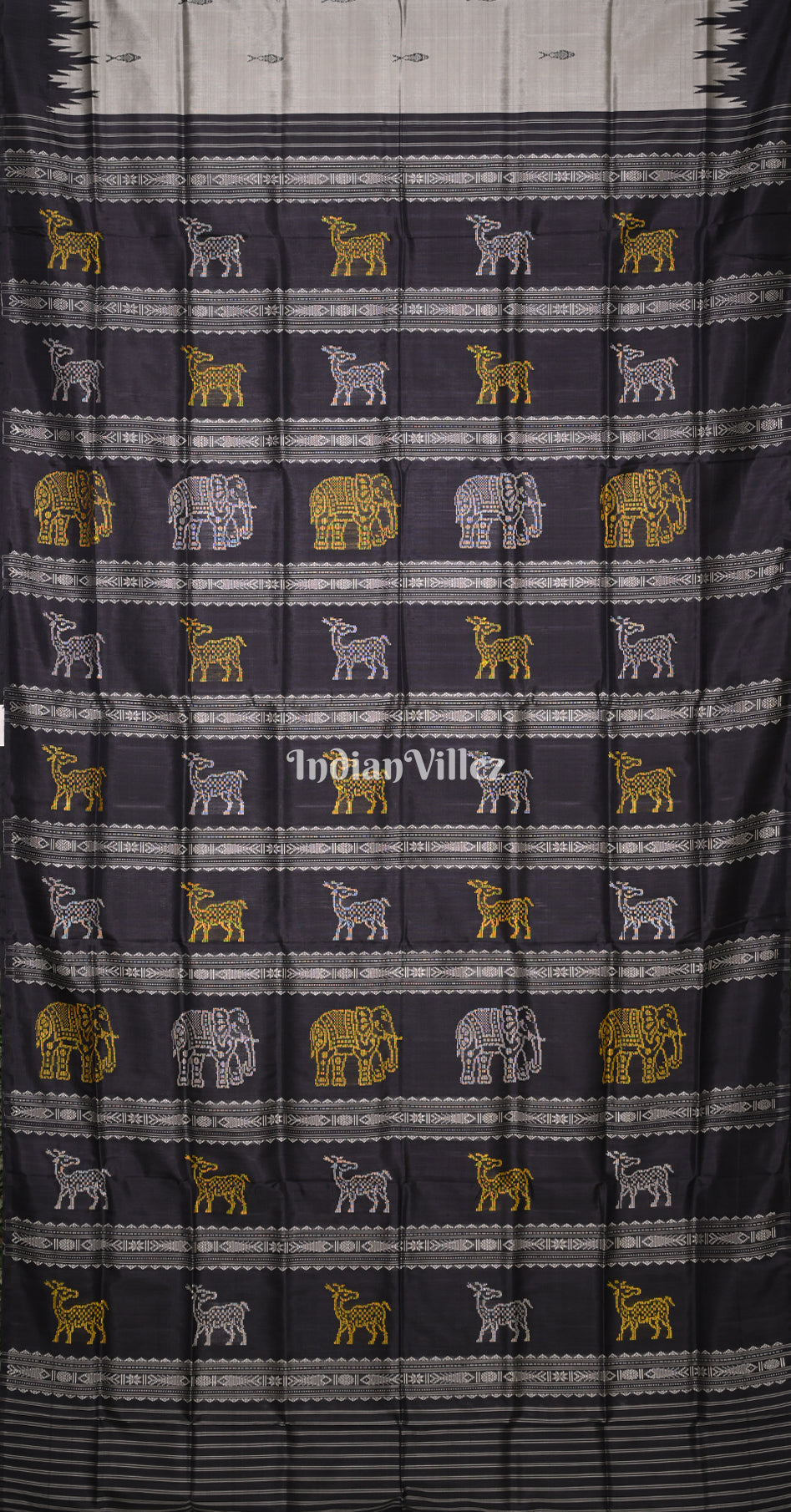 Grey Black Fish Motif Double Pallu Berhampuri Silk Saree 