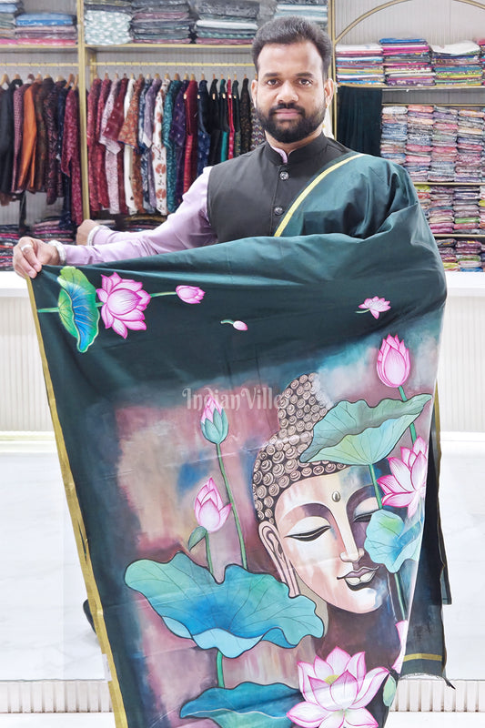Bottle Green Buddha Lotus Theme Hand-Painted Pattachitra Saree