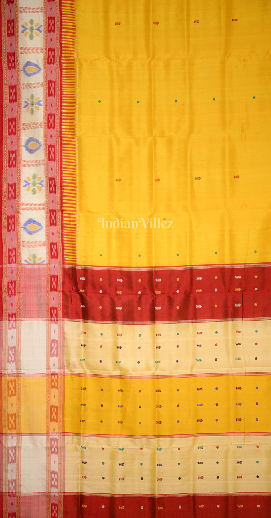 yellow Red Fish Buti Kathiphera Odisha Ikat Khandua Silk Saree