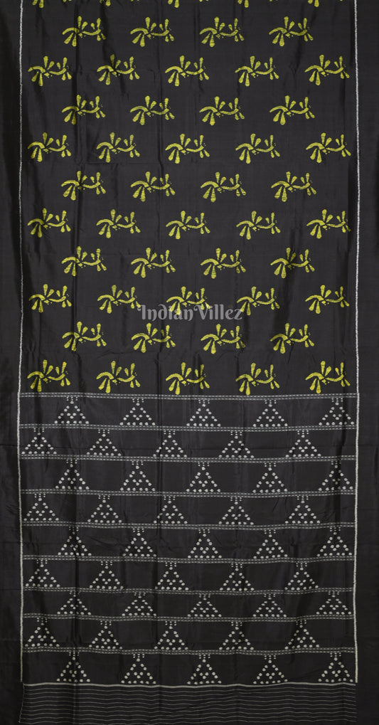 Neon Green Black Bird Motif Contemporary Designer Silk Saree