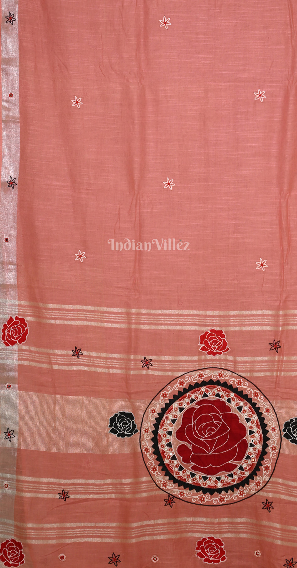 Peach Pink Hand Embroidered Applique Work Saree