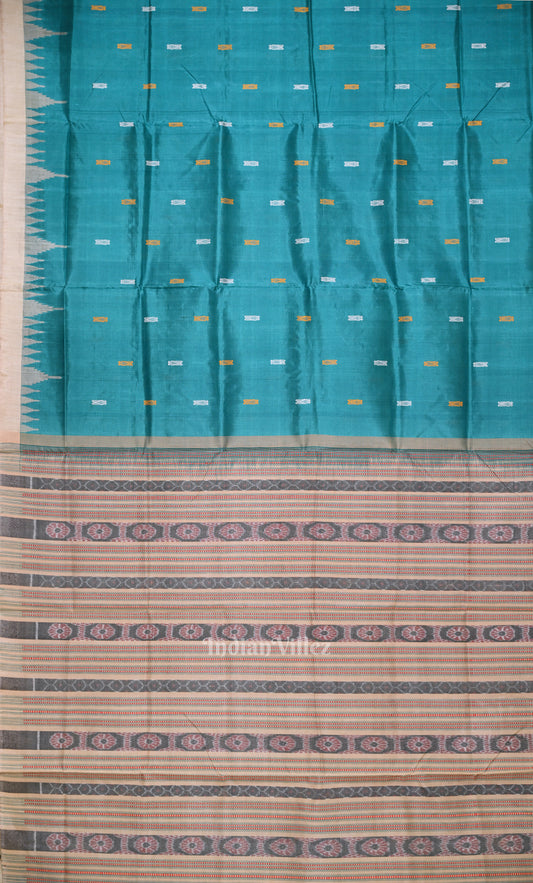 Teal Blue Sambalpuri Phoda Kumbha Tussar Silk Saree with Sarabandha Anchal 