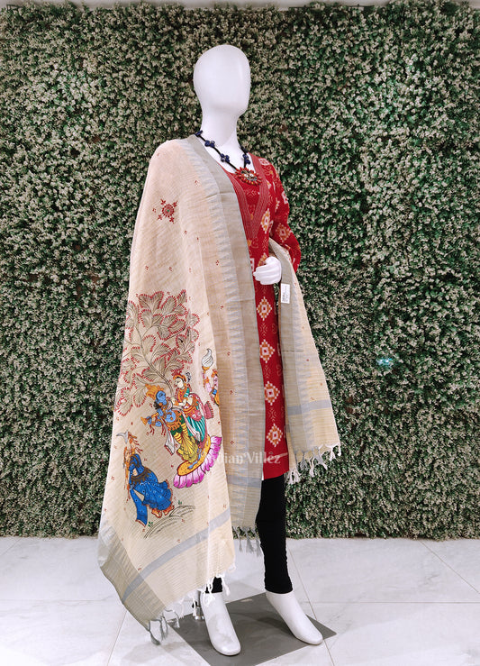Cream Light Blue Radha Krishna Hand-Painted Tussar Pattachitra Dupatta