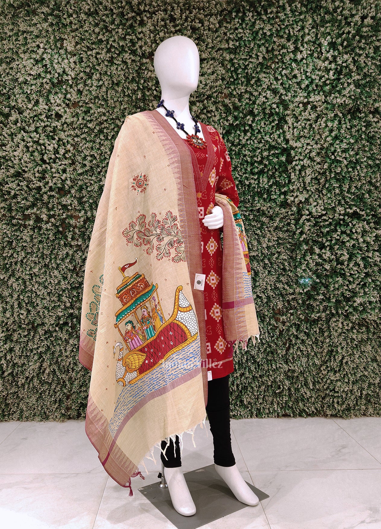 Cream Boita Bandana Tussar Pattachitra Dupatta