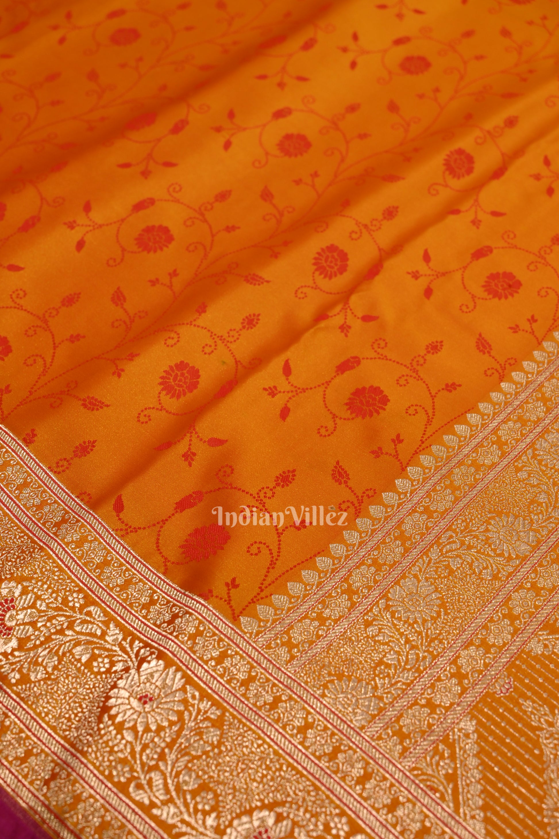 Yellow Floral Print Theme Banarasi with Rani Pink Border Satin Silk Saree