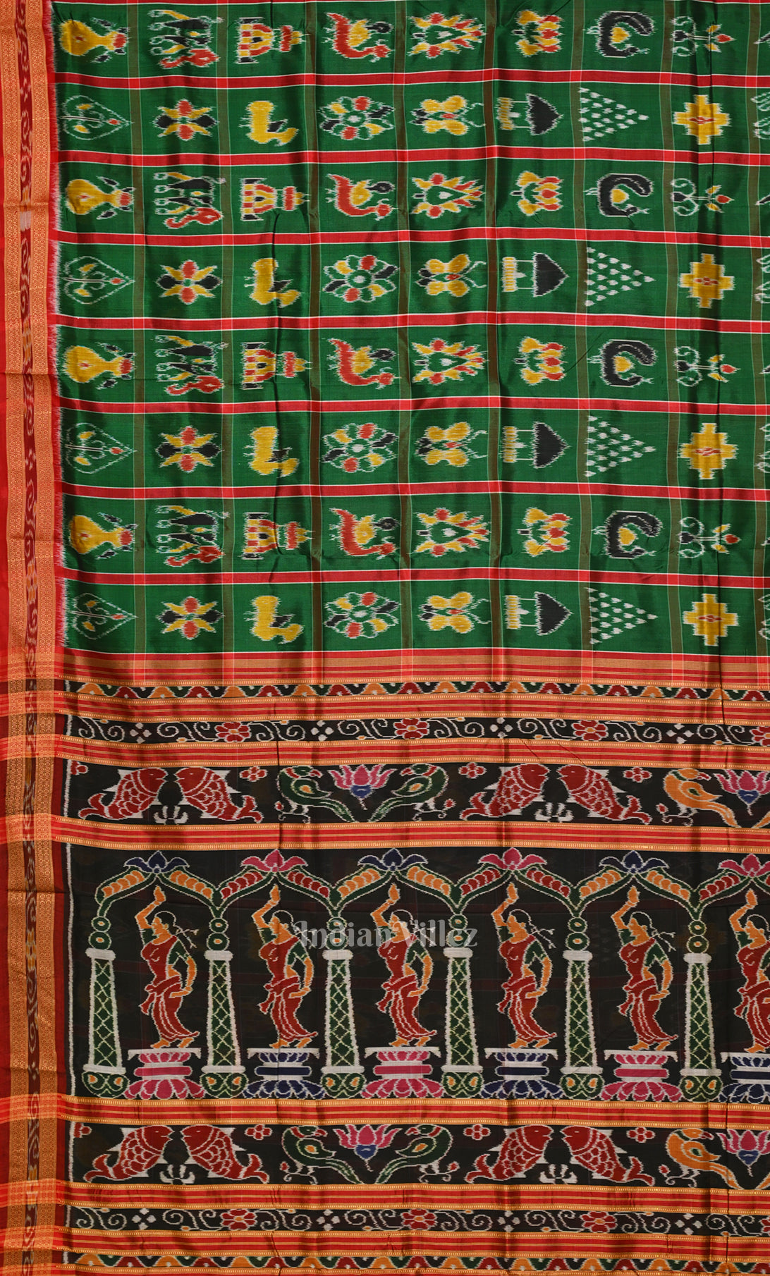 Green Red Nabakothi Odisha Ikat Khandua Silk Saree with Nartaki Anchal 