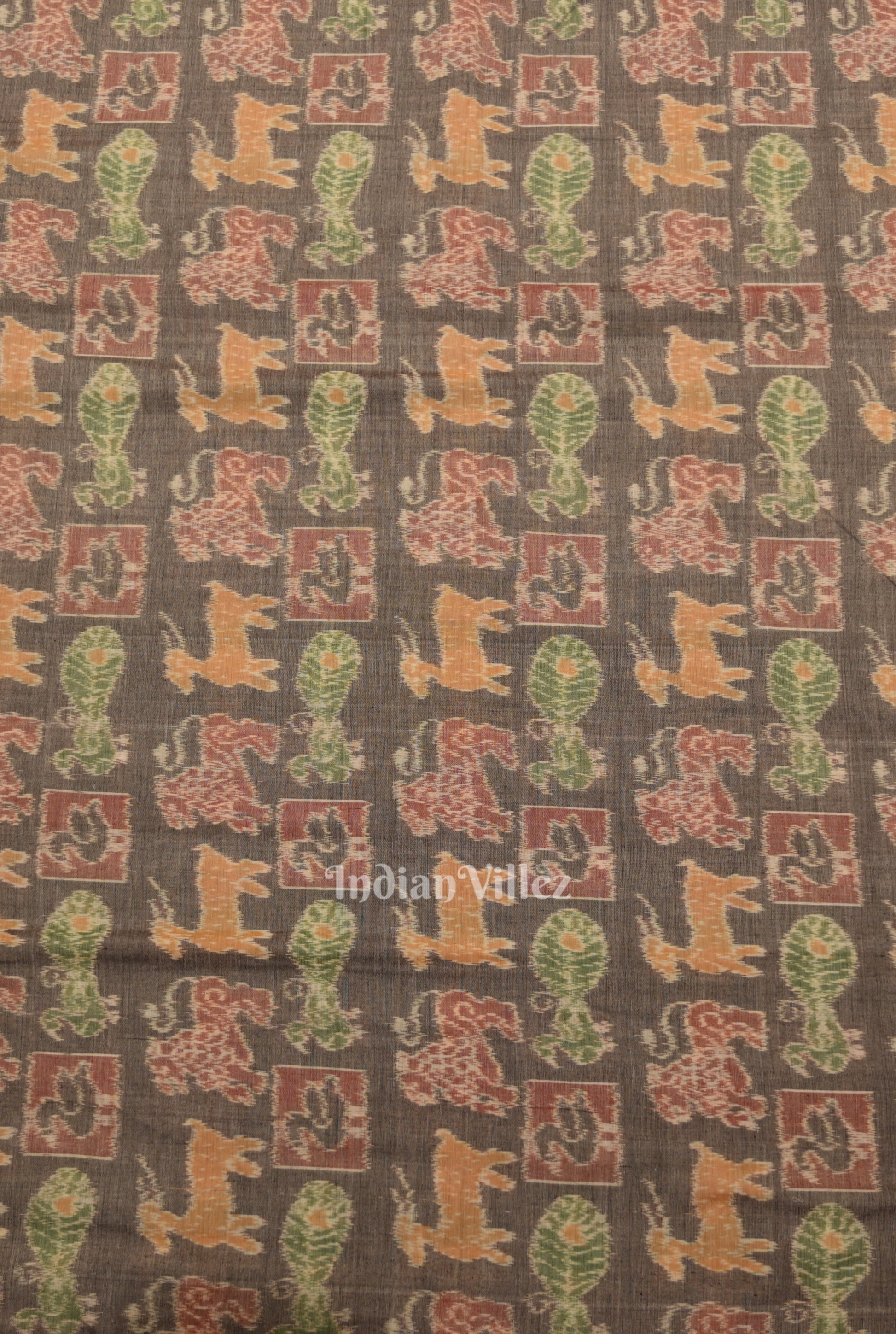 Cement Gray Jungle Theme Sambalpuri Odisha Ikat Cotton Fabric 