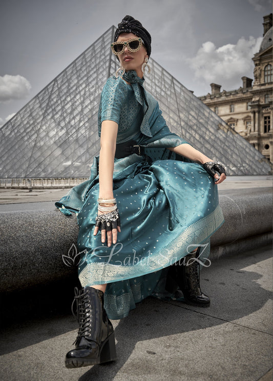 Mineral Blue Handwoven Satin Silk Banarasi Saree With Brocade Blouse