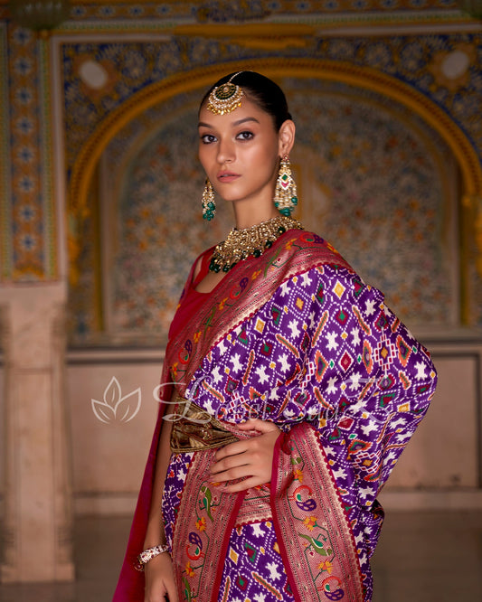 Purple Red Patola inspired Pochampally with Paithani Border and Pallu