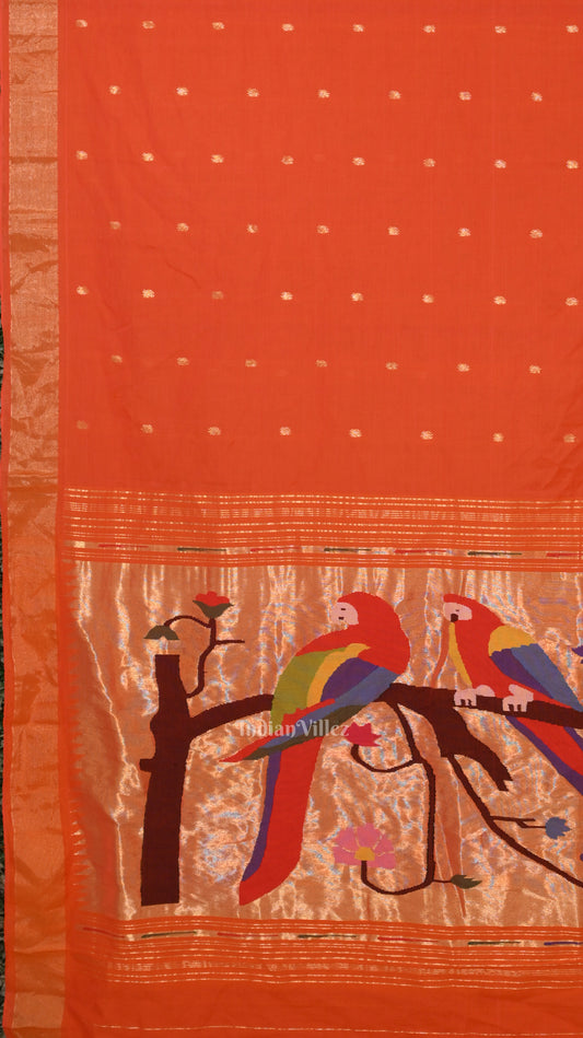 Orange Rich Pallu Cotton Paithani  Saree