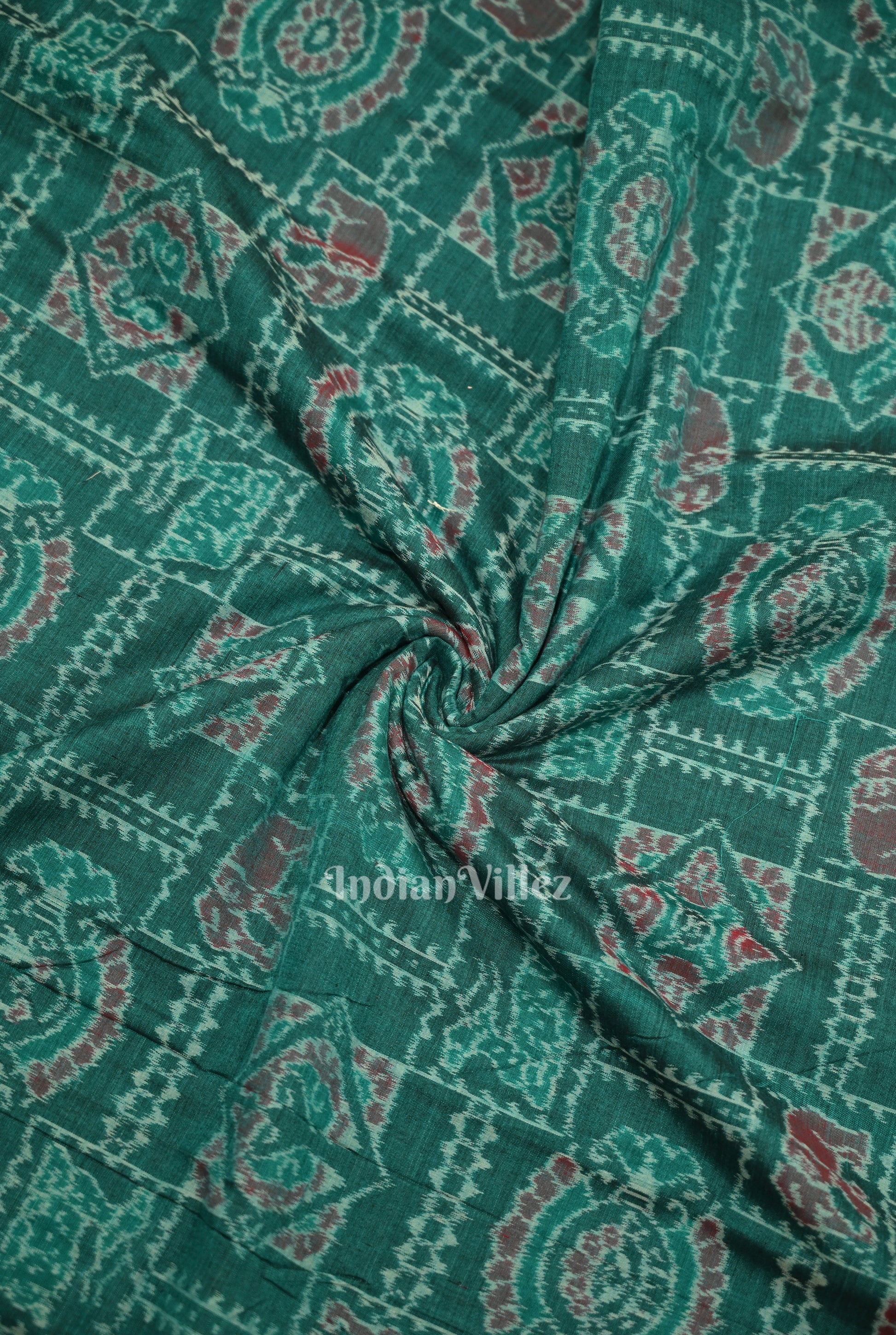 Green Elephant Theme Sambalpuri Odisha Ikat Cotton Fabric 