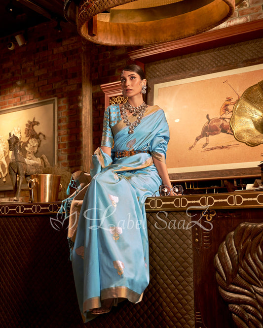Blue Copper Zari Base Designer Lotus Handloom Saree