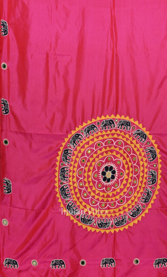 Rani Pink Applique Work Hand Embroidered Saree
