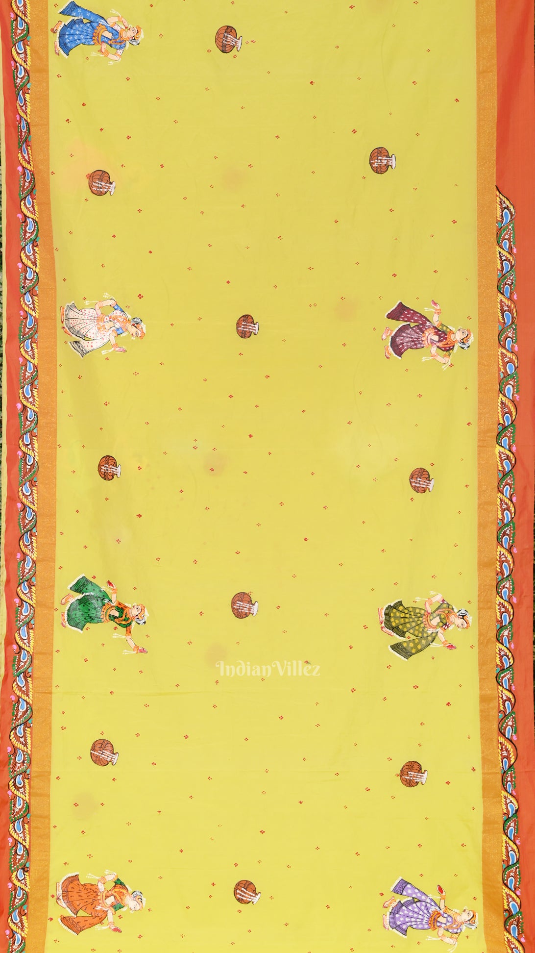 Lemon Yellow Red Radha Krishna Raasleela Hand-Painted Pattachitra Saree 