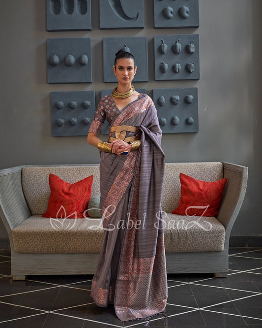 Grey Classic Handwoven Tussar Banarasi Saree with Copper Zari