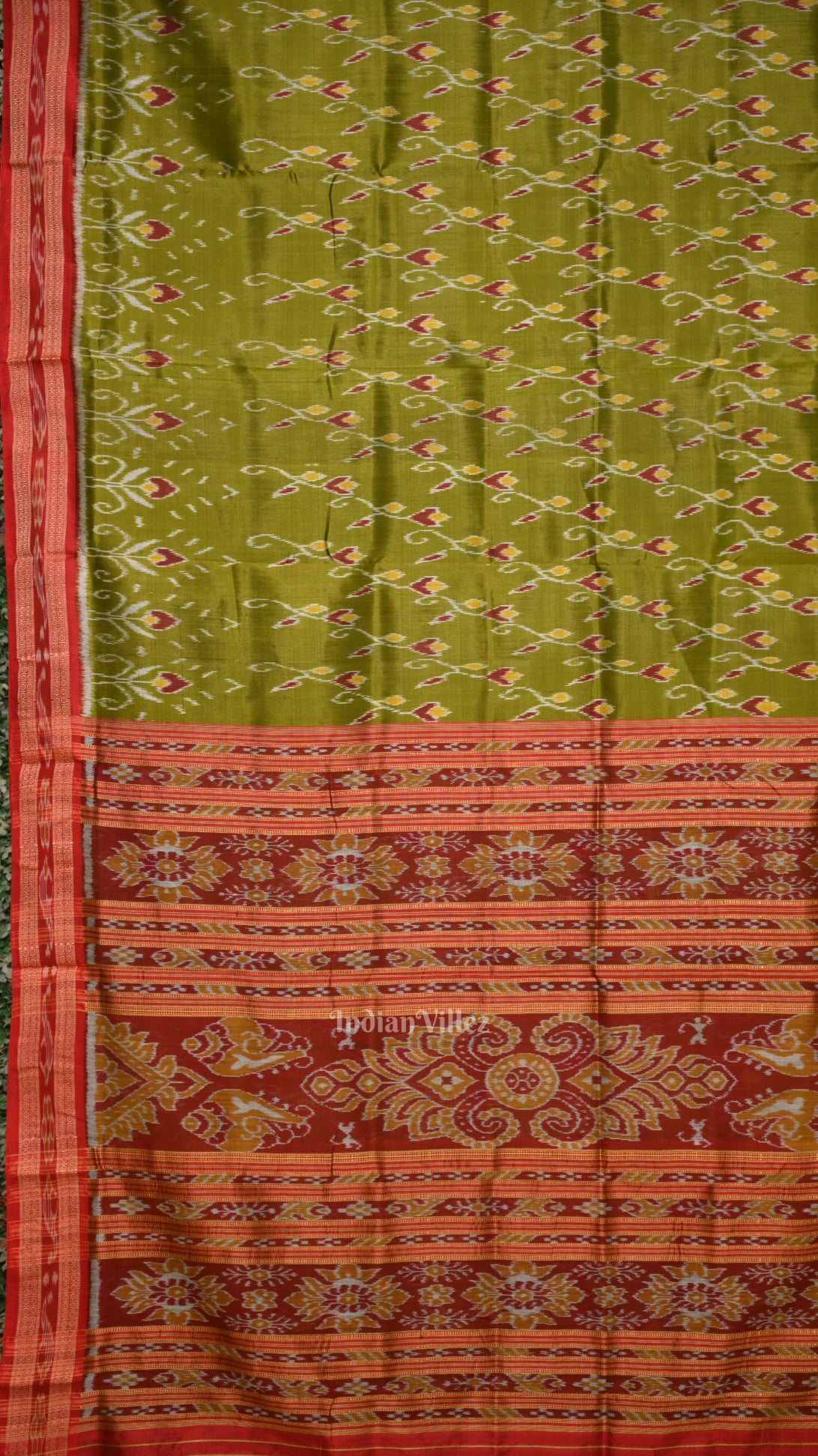 Mehendi Green Red Flower Motif Odisha Ikat Khandua Silk saree 