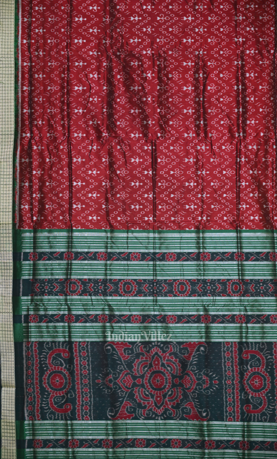 Red Green Tribal Theme Odisha Ikat Sambalpuri Silk Saree 