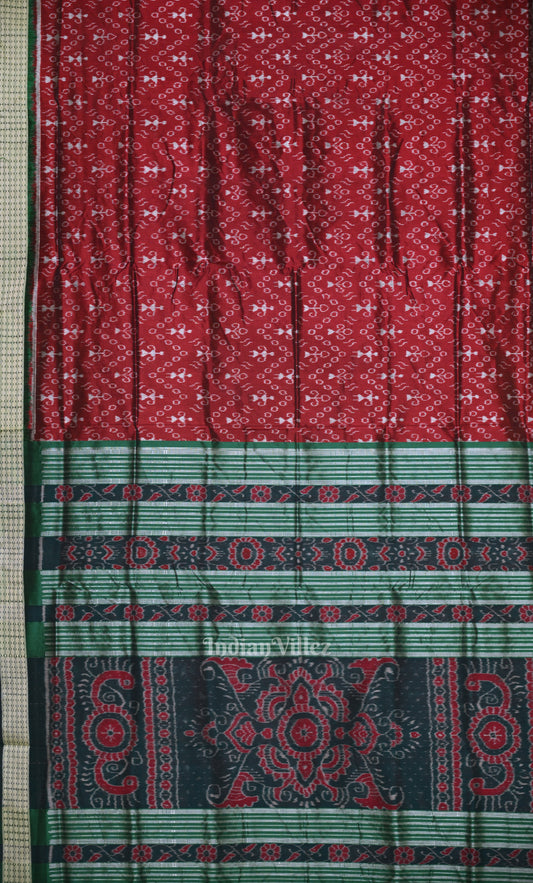 Red Green Tribal Theme Odisha Ikat Sambalpuri Silk Saree 