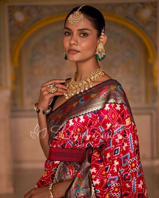 Blue Red Patola inspired Pochampally with Paithani Border and Pallu