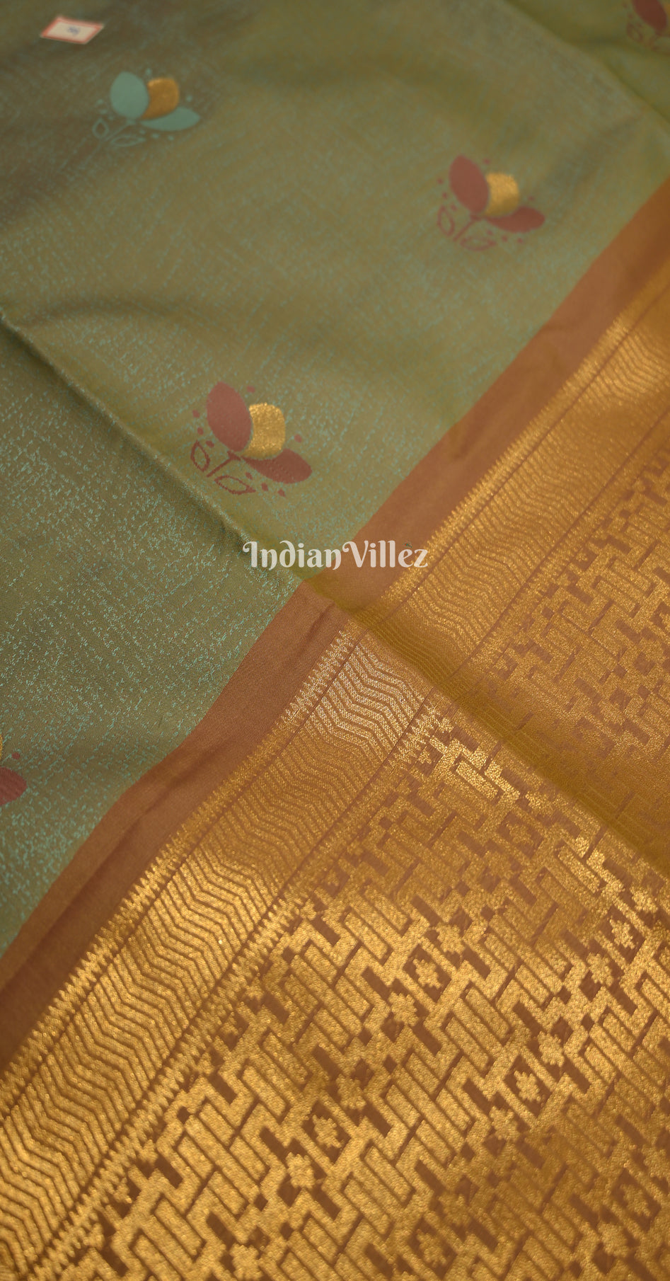 Olive Green Rust Orange Kanjivaram Silk Saree