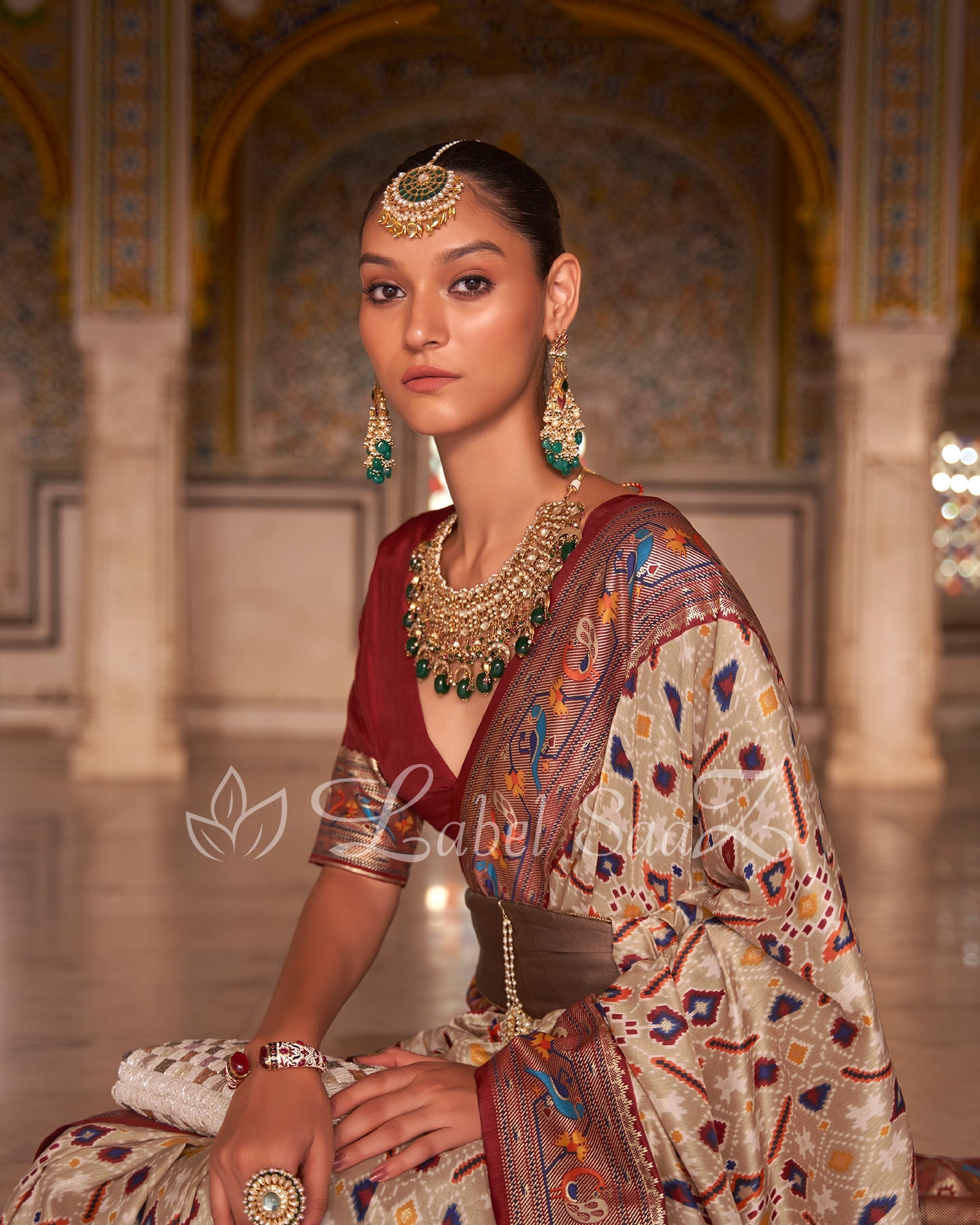 Beige Brown Patola inspired Pochampally with Paithani Border and Pallu