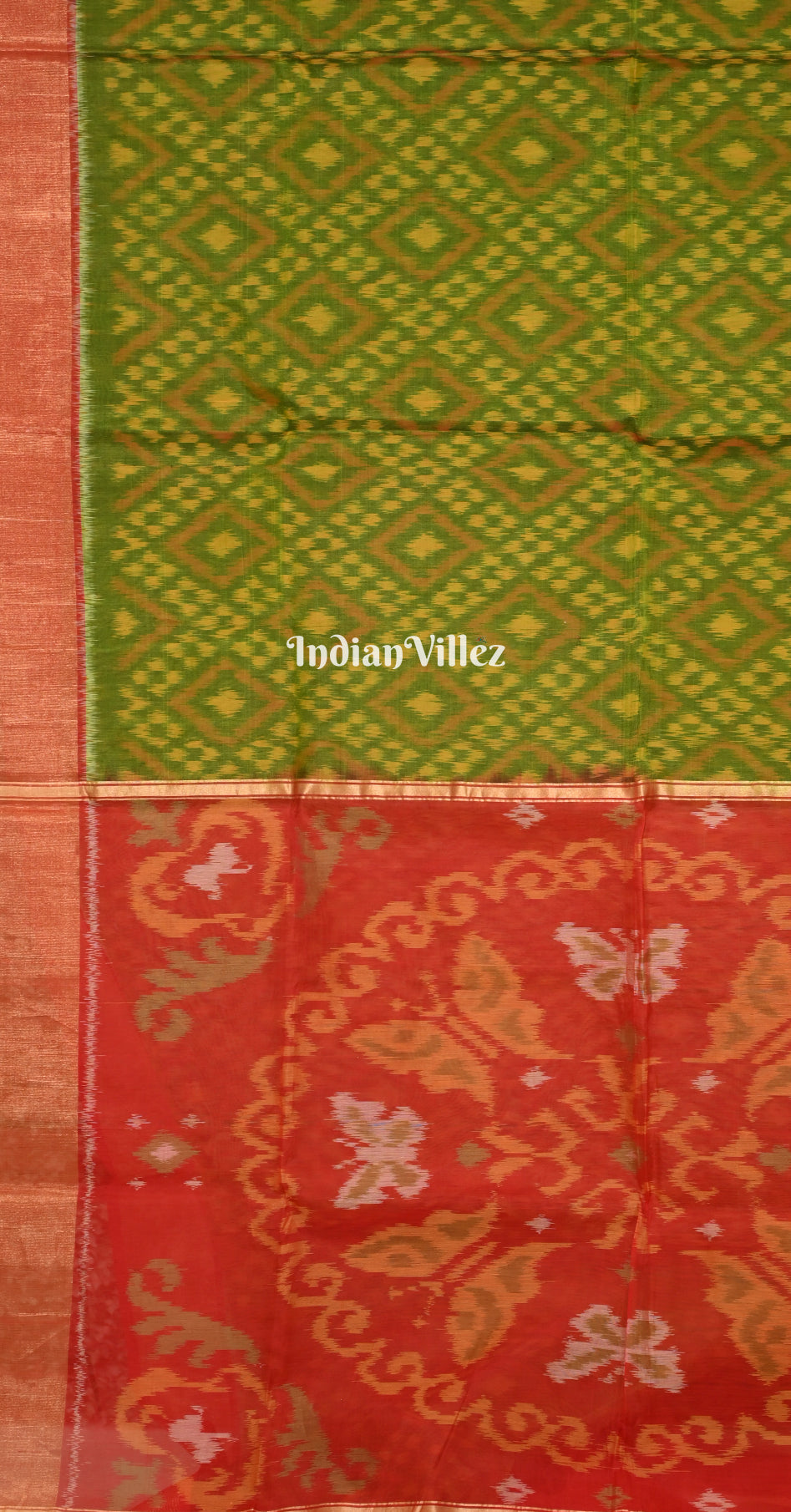 Mehendi Green Red Pochampally Ikat Silk Cotton (Sico) Saree