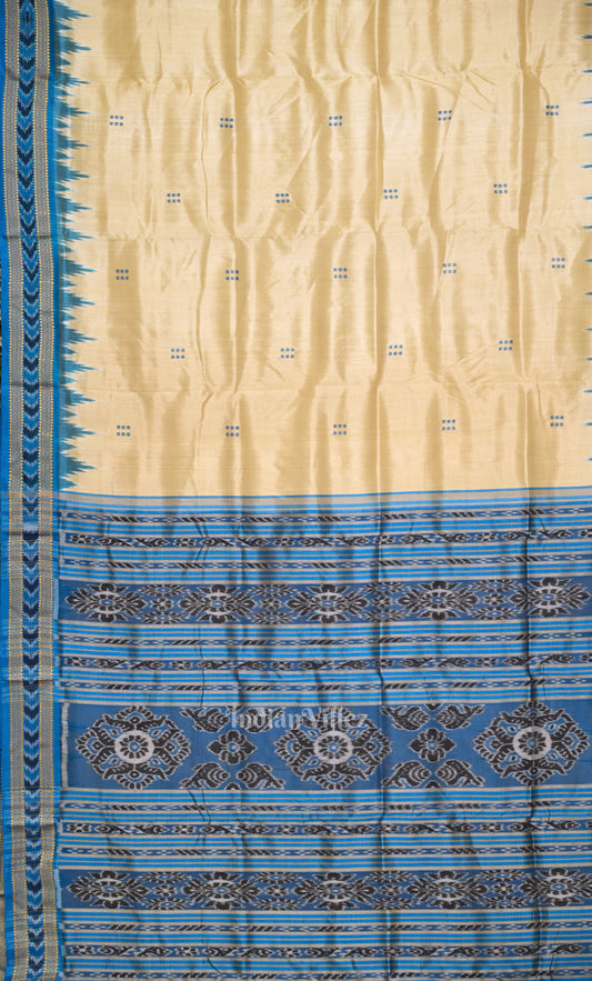 Cream Blue Buti Design Odisha Ikat Khandua Silk Saree 