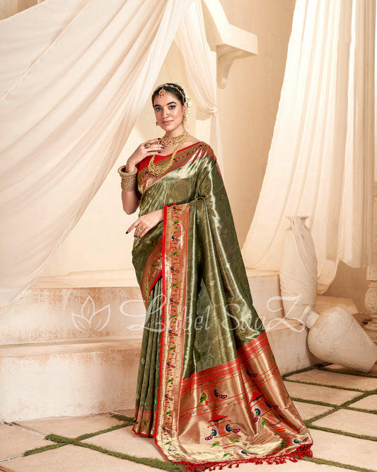 Olive Green Tissue Handloom Paithani Saree