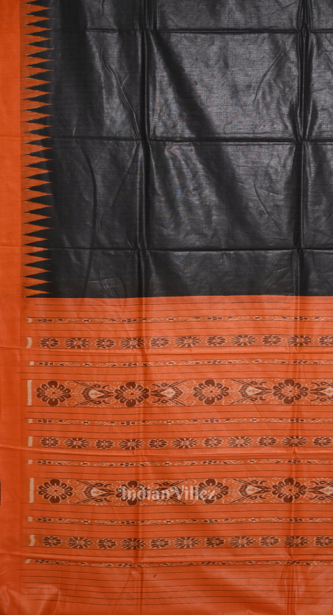 Black Tussar Silk Saree with Orange Border & Anchal 