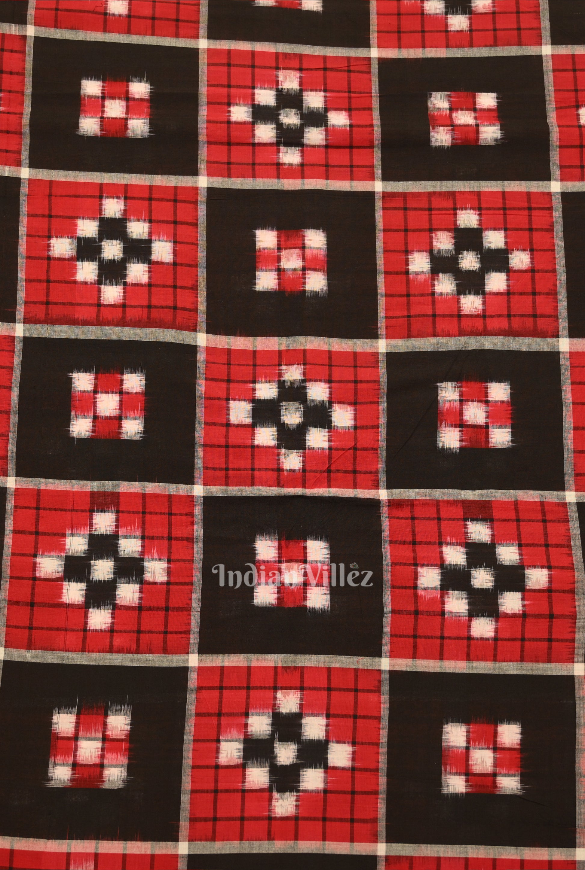 Black Red Pasapali Sambalpuri Ikat Cotton Fabric