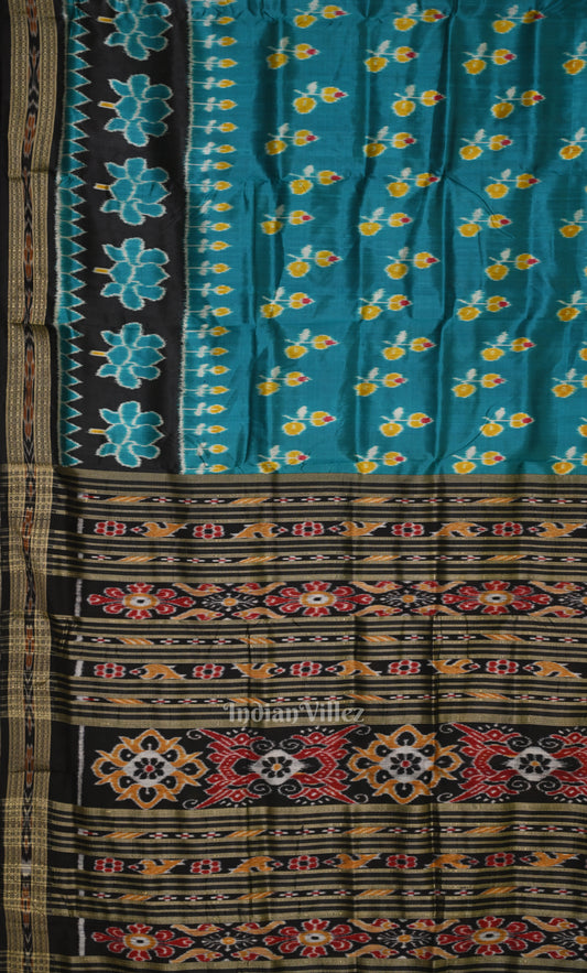 Sea Green Black Lotus Kadha Motif Odisha Ikat Khandua Silk Saree 