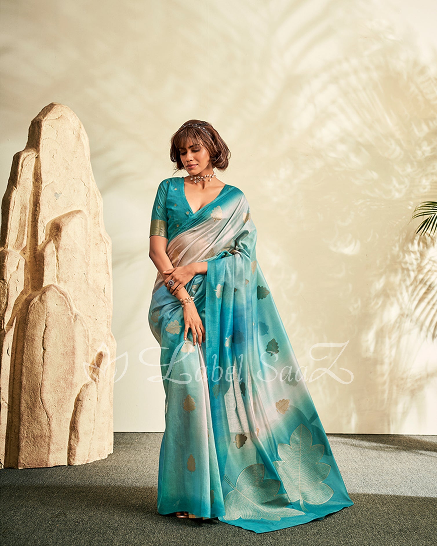 Blue Shaded Floral Linen Saree with Zari work