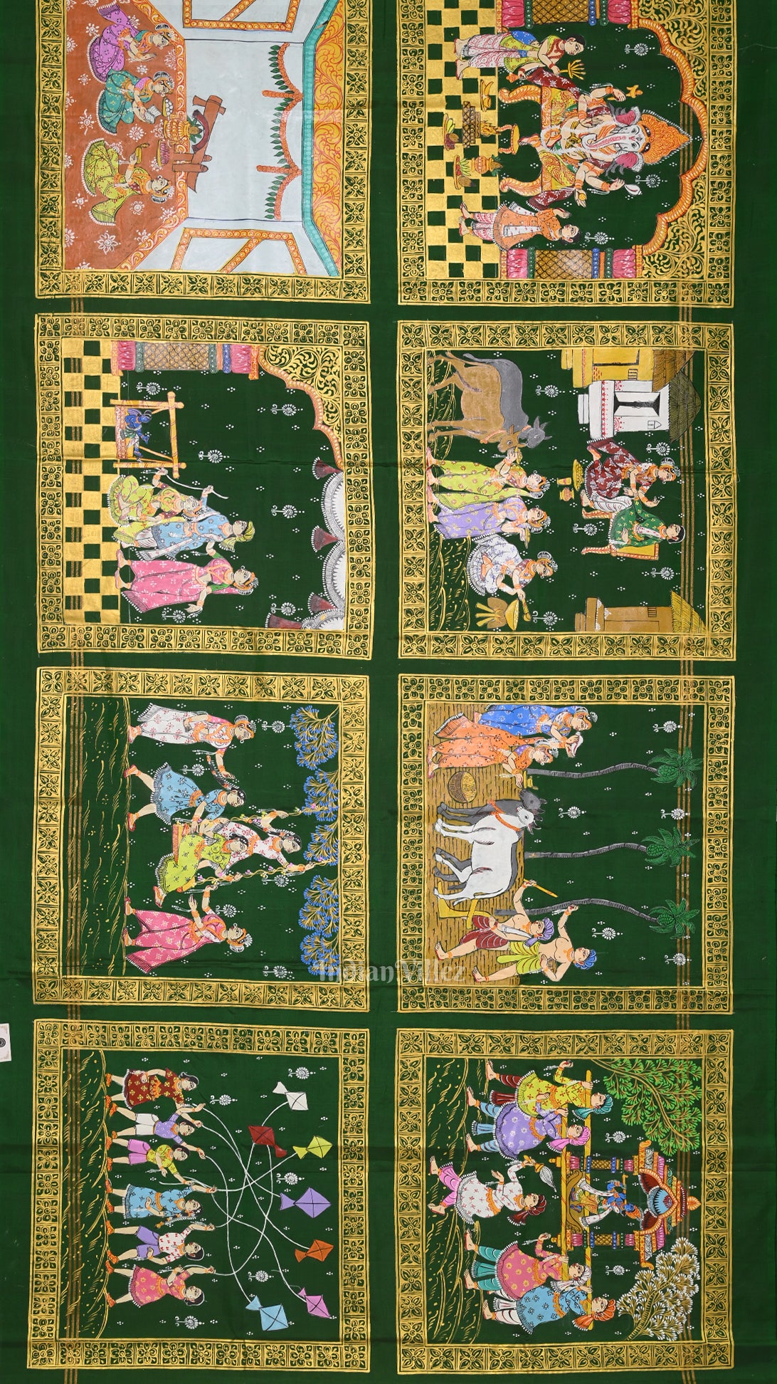 Green Red Hindu Festival Hand-Painted Pattachitra Saree 
