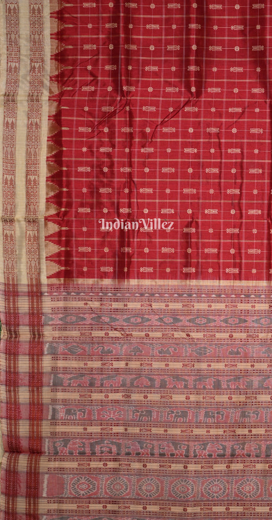 Maroon Beige Hazarbuti Odisha Ikat Tussar Silk Saree