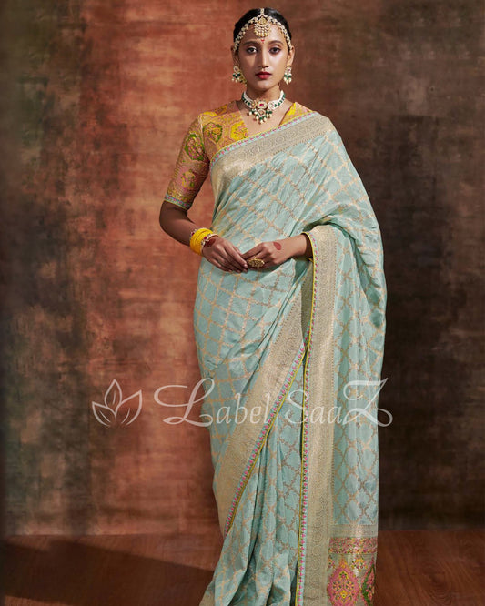Pista Green Designer Meenakri Banarasi with Kashmiri Embroidery and Heavy Blouse