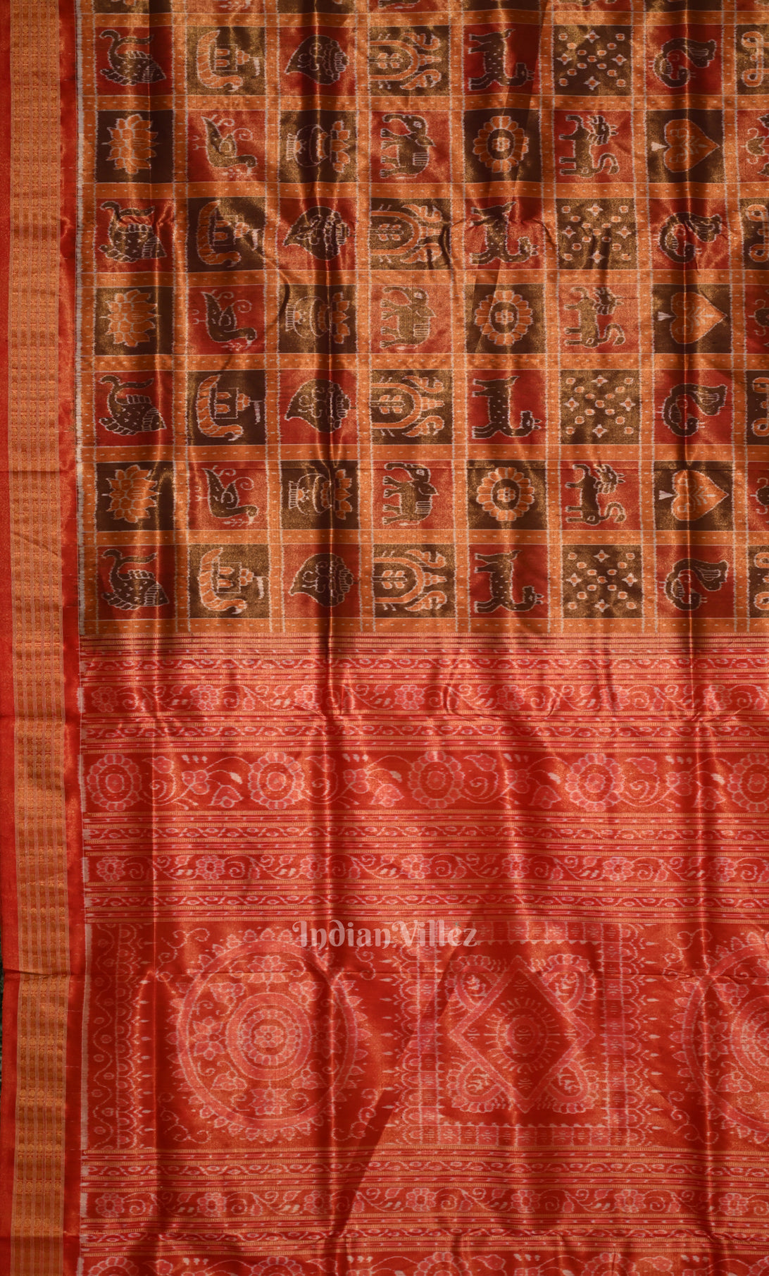 Rust Orange Red Nabakothi Odisha Ikat Sambalpuri Tissue Silk Saree